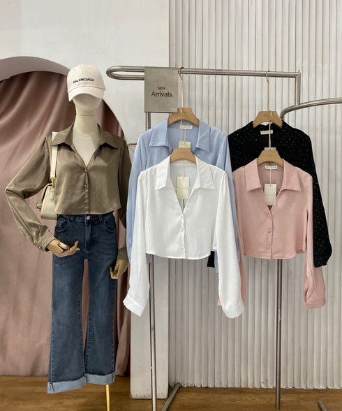 Crystal Decor Crop Satin Shirts